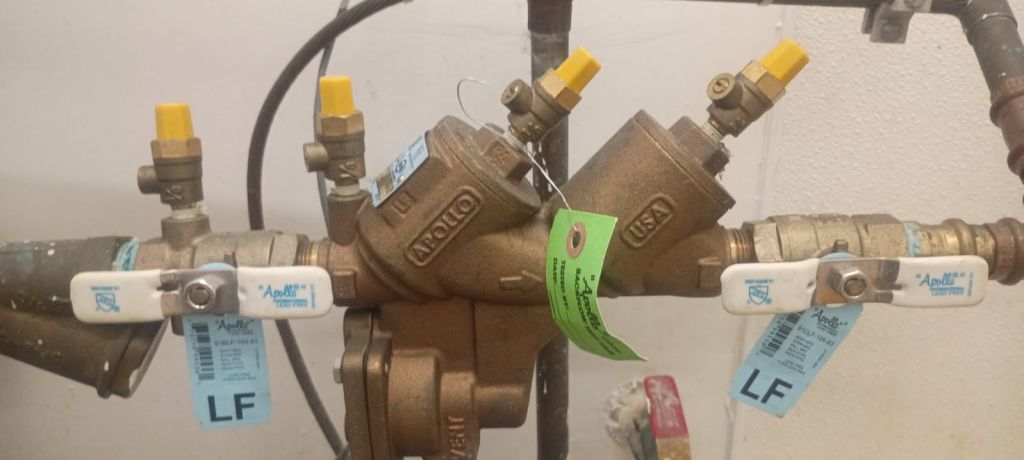 Backflow assembly after service, with a new test tag attached